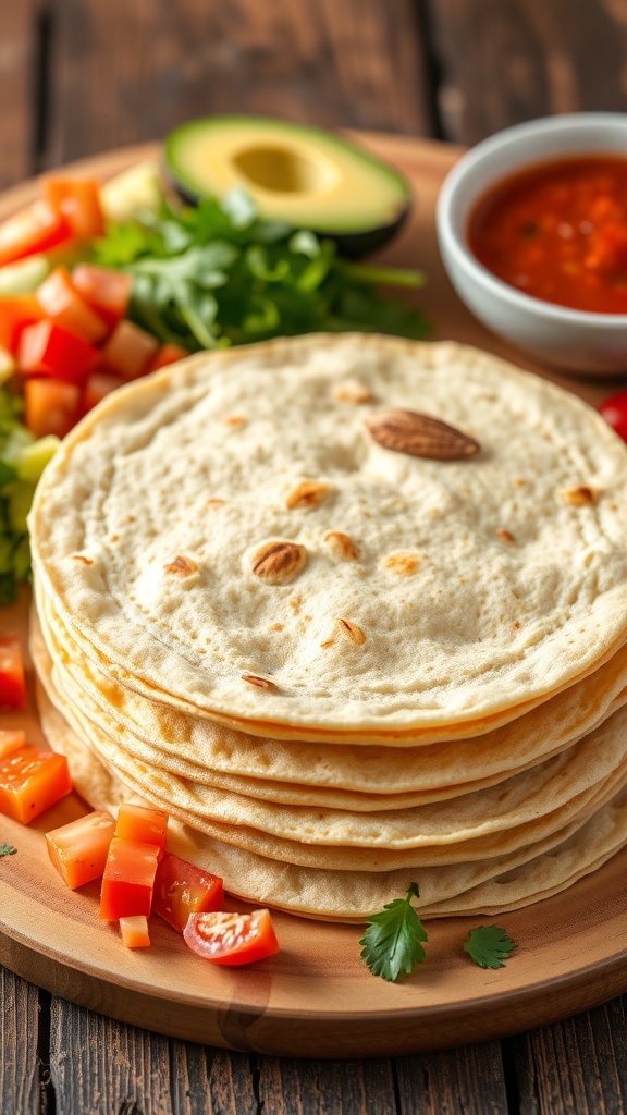 A stack of golden almond flour tortillas with fresh ingredients for tacos on a wooden table.